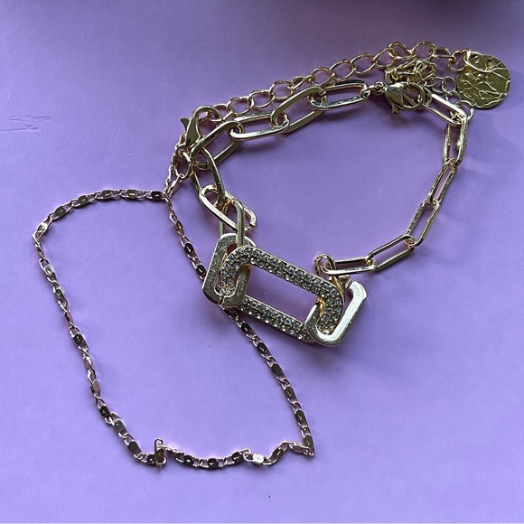 2 Bracelets. Paper Clip Bracelet and Rhinestone Square Chain Bracelet - Picture 2 of 5